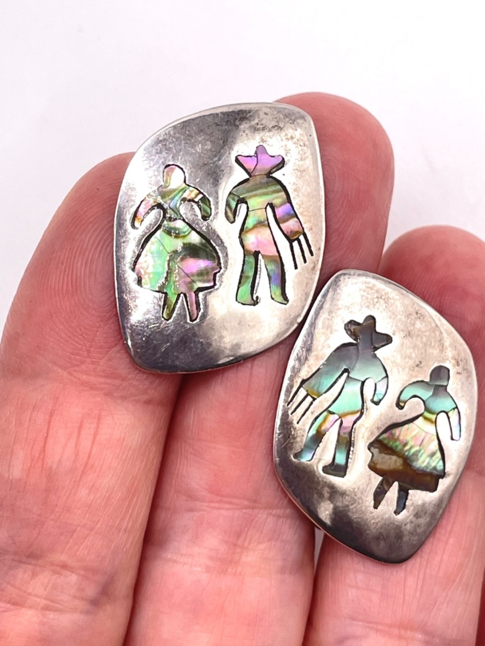 Vintage Mexican Sterling Silver Abalone Shell Inlay Signed APD Screw Earrings